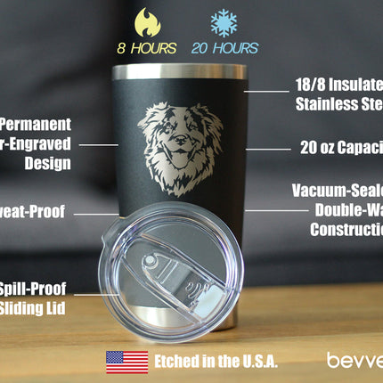 Australian Shepherd Face - Insulated Coffee Tumbler Cup with Sliding Lid - Stainless Steel Travel Mug - Unique Dog Gifts for Aussie Lovers