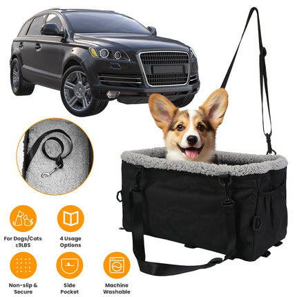 Small Dog Car Seat with Harness Center Console Pet Booster Seat Travel Car Seat with Side Pocket Cotton Velvet Cushion for Dogs Cats Up to 9LBS
