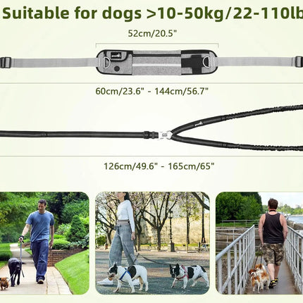Hands Free Dog Leash Dual Bungee Adjustable Waist Belt Running Walking