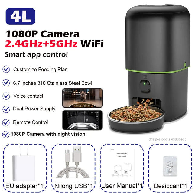 Smart Pet Feeder with 1080P Camera — Dual-Band WiFi (2.4/5GHz) App-Controlled Automatic Cat & Dog Kibble Dispenser, Voice Call & Portion Control