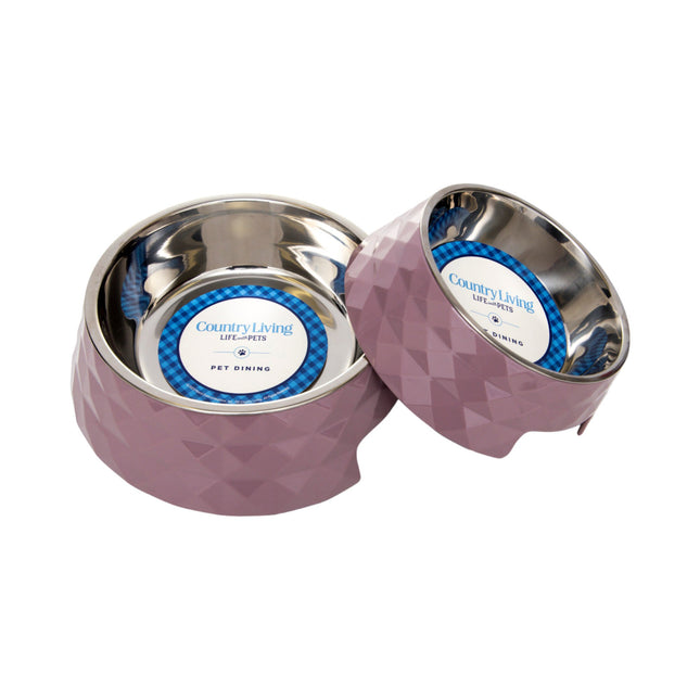 Country Living Set of 2 Diamond Twill Melamine Dog Bowls with Removable Stainless Steel Inserts – Wood Rose