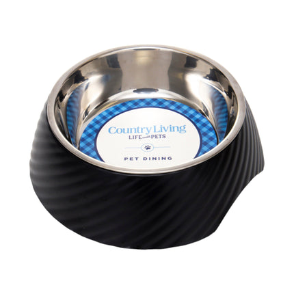Country Living Set of 2 Round Twill Melamine Dog Bowls with Removable Stainless Steel Inserts – Black