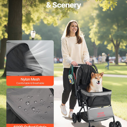Pet Stroller Foldable 4 Wheels Travel Dog Stroller Reversible Handle up to 44lbs