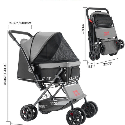 Pet Stroller Foldable 4 Wheels Travel Dog Stroller Reversible Handle up to 44lbs