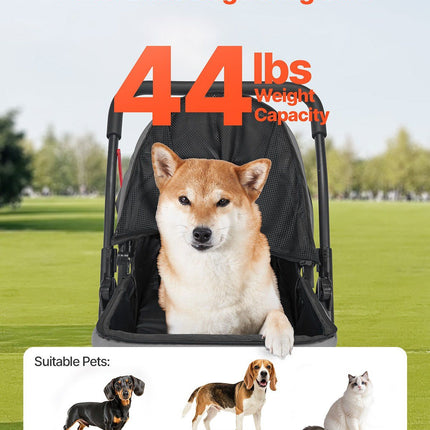 Pet Stroller Foldable 4 Wheels Travel Dog Stroller Reversible Handle up to 44lbs