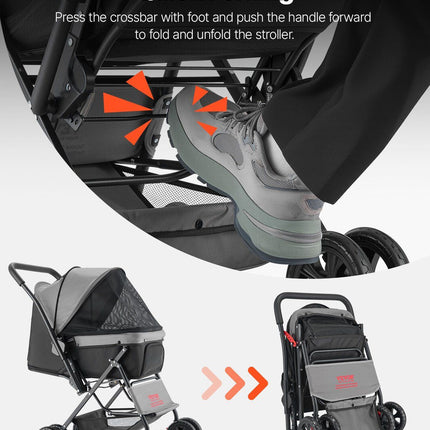 Pet Stroller Foldable 4 Wheels Travel Dog Stroller Reversible Handle up to 44lbs
